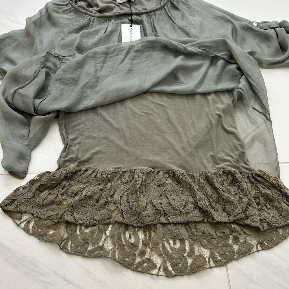 Nina Kendosa Silk Green Gray Blouse with Jersey ruffled Liner in size large NWT - Picture 13 of 16